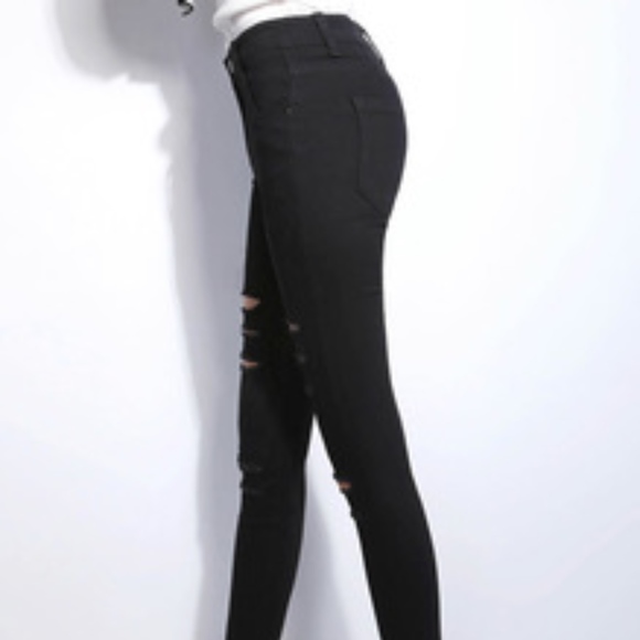 NEW!! Black High-Waisted Ripped Denim Leggings!! - Picture 3 of 7